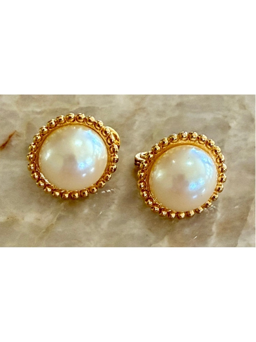Monet Gold Tone Pearl Clip-On Earrings, new old stock, signed, classic